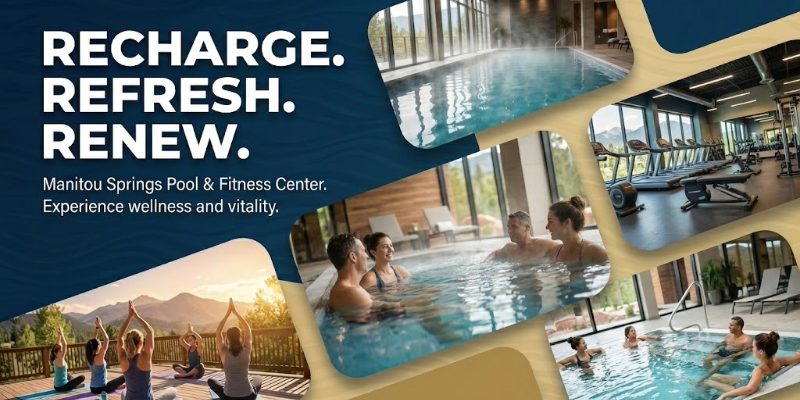 Manitou Springs Pool and Fitness Center marketing banner showing indoor lap swimming, weight training, and outdoor yoga. Text: Recharge. Refresh. Renew. Experience wellness and vitality.